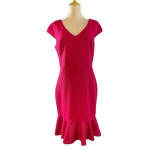 Caché Women's 10 Pink Textured Mesh Dress V Neck Cap Sleeve Fitted Mermaid Hem